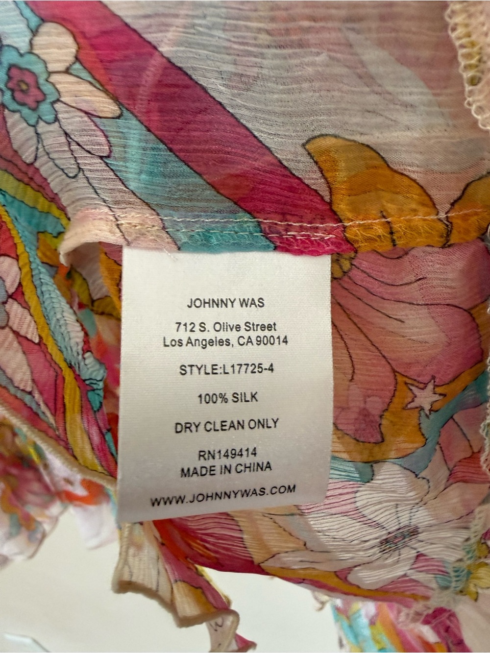 Silk Floral Boho Blouse Johnny Was Jade Gal Ruffle Tie Prismatic Dream XS - Picture 12 of 12